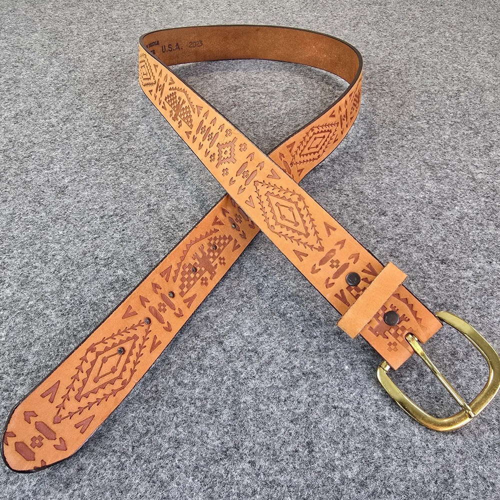 Men's Belt Large (38-40) Brown Top Grain Bridle Southwest Aztec Tooled USA Belt